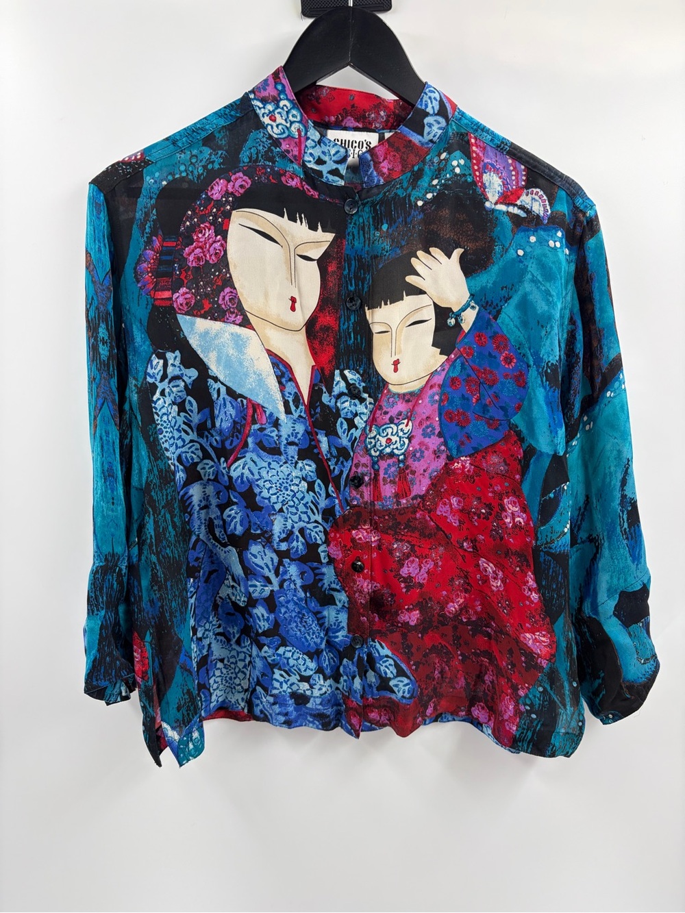 Chicos Y2k bohemian Asian Geisha Blouse Mom silk blouse long sleeve size medium